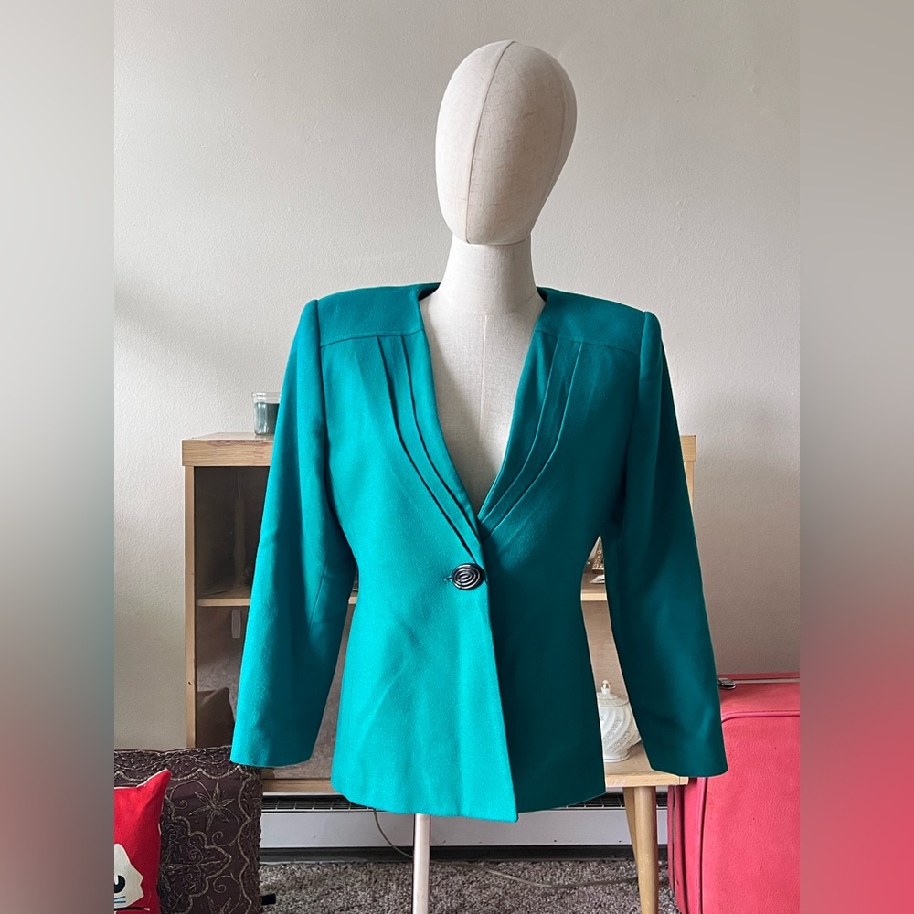 VTG 80s Bold Green Structured Shoulder Wool Blend Blazer Jacket Size - 6